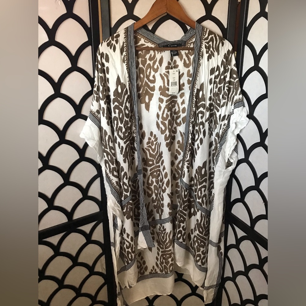 Cejon Caftan Damask Cover Up Ruana Topper Beige Taupe Open-Front Flow